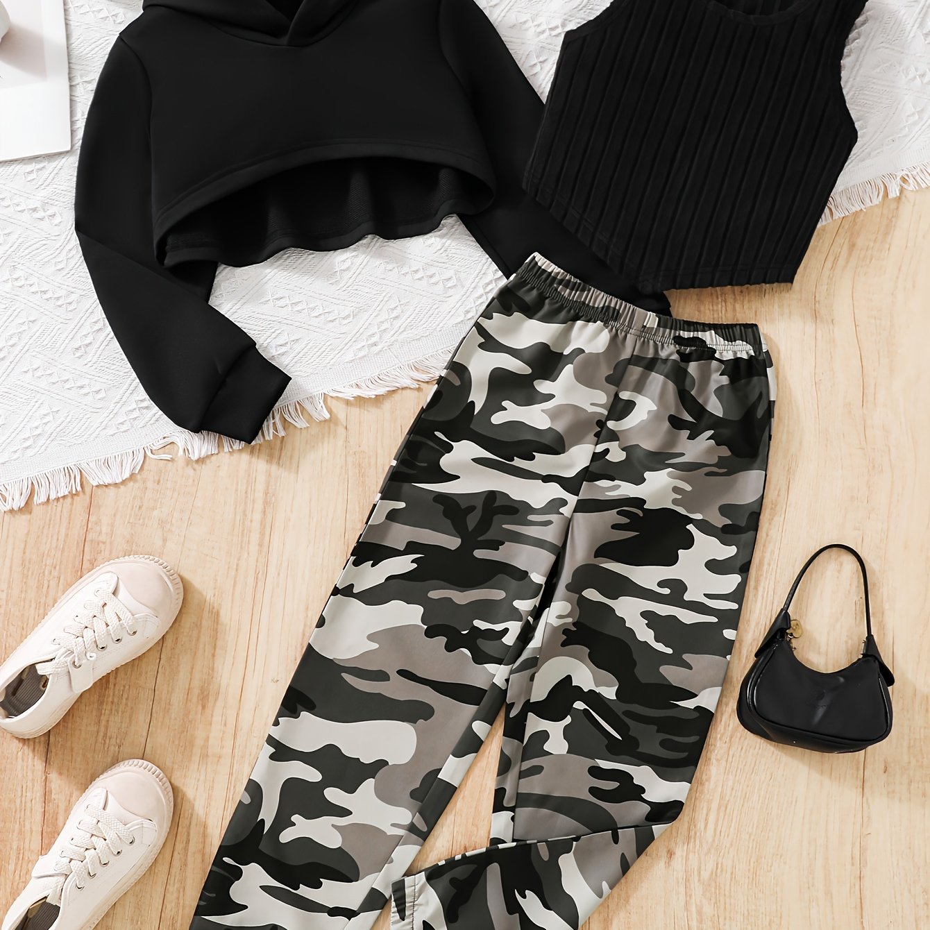 3PCS Girls Trendy Street Wear Style Outfit, Long Sleeve High Low Hoodie + Ribbed Tank Top + Camouflage Pattern Trousers Set For Spring & Fall & Winter Outdoors