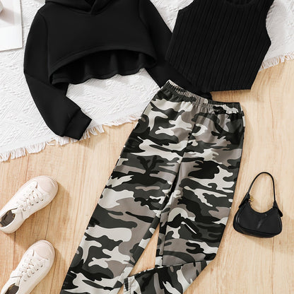 3PCS Girls Trendy Street Wear Style Outfit, Long Sleeve High Low Hoodie + Ribbed Tank Top + Camouflage Pattern Trousers Set For Spring & Fall & Winter Outdoors