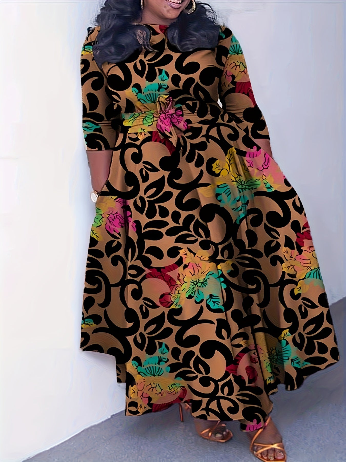 Elegante vestido de poliéster de talla grande con cinturón: cuello redondo elástico cómodo, estilo informal para el fin de semana, dobladillo recto, silueta grande con bolsillos, manga corta, tejido de punto jersey para primavera, verano y otoño.
