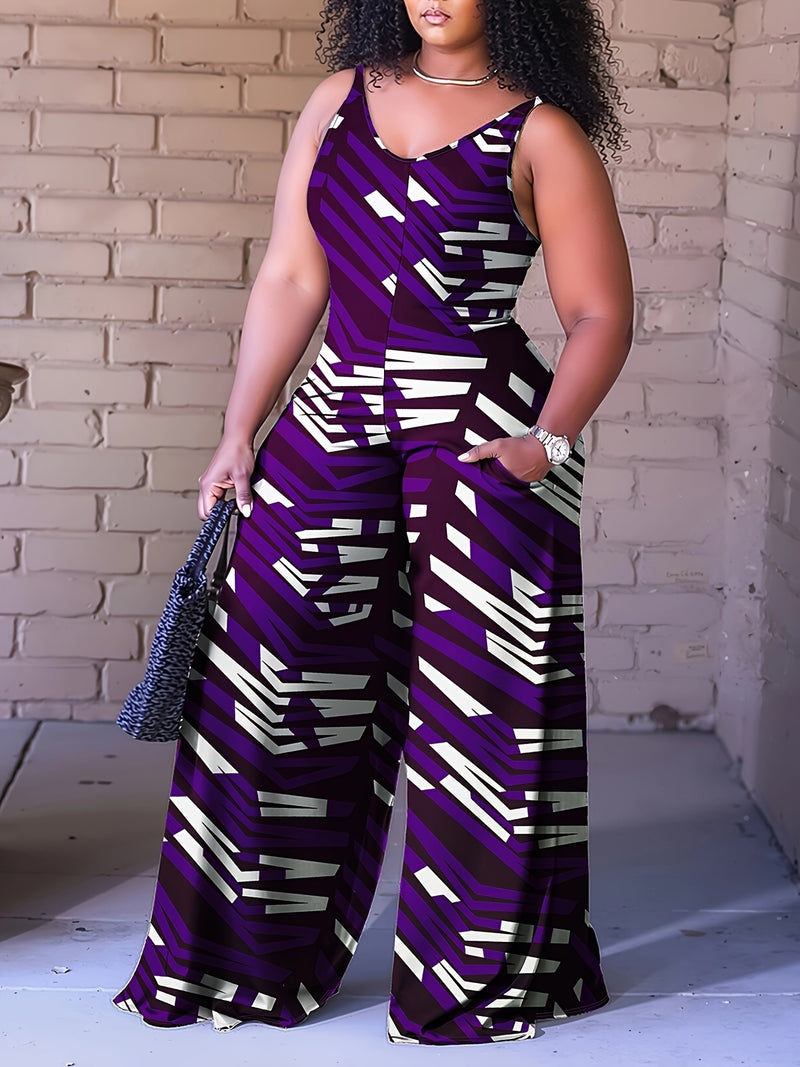 Plus Size, Plus Size Women's Sleeveless V-Neck Geometric Striped Jumpsuit - Wide-Leg Beach Vacation Outfit, Green Yellow White Purple Casual Elegance, Machine Washable All-Season Wear, Beach Clothes, Summer Wardrobe, Elegant