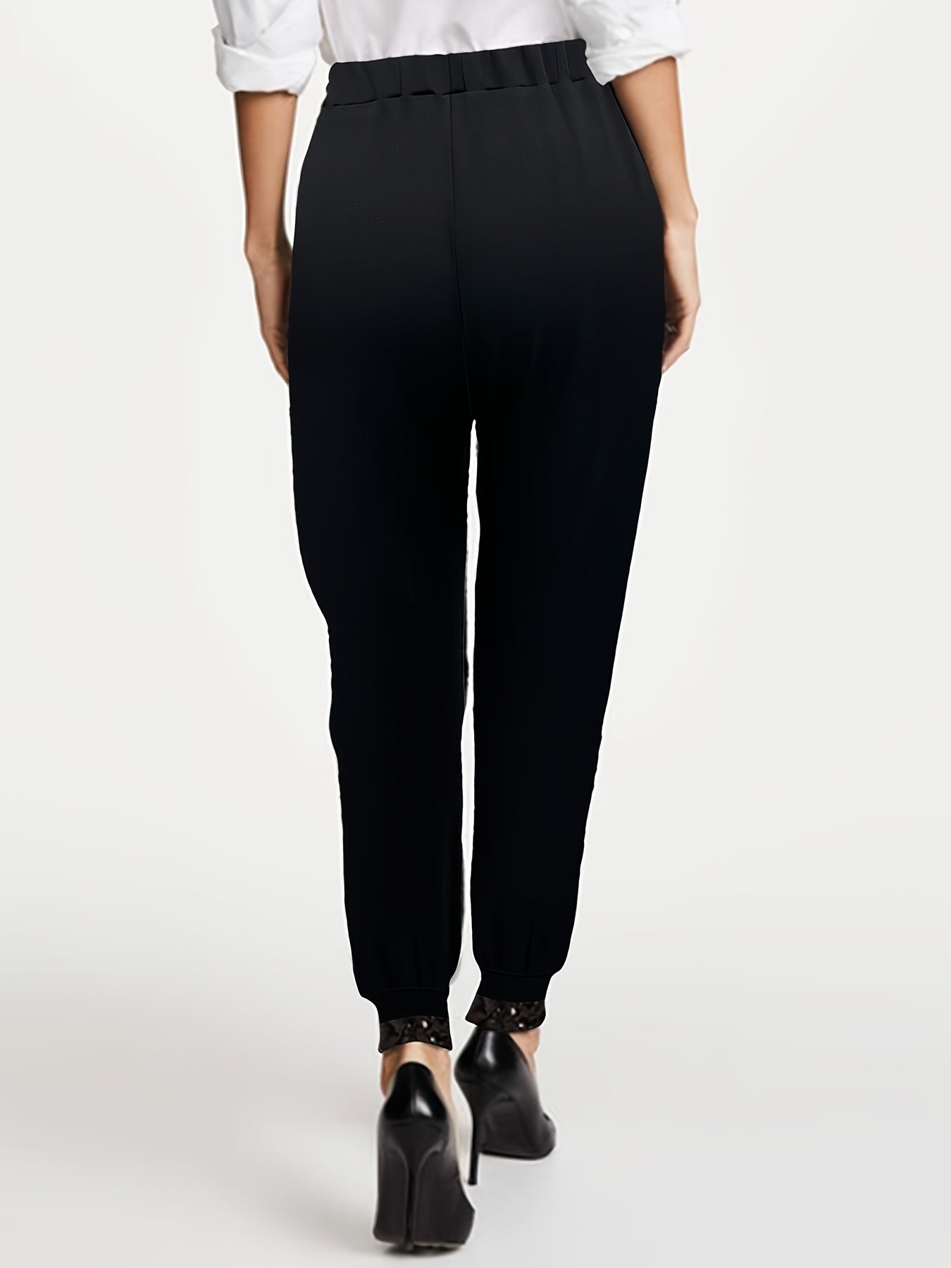 Elegant Plus Size Women's Harem Pants with Sequin Detail - High Waist, Stretchy Polyester Blend, Machine Washable