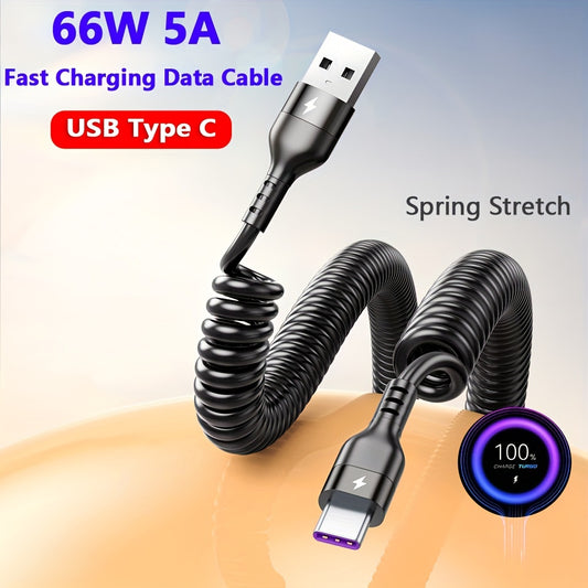 66W 5A USB Type-C Fast Charging and Data Cable, Spring Telescopic Cord For SamSung, Xiaomi, Huawei, OPPO, and More For Android Phones - Car and USB Compatible