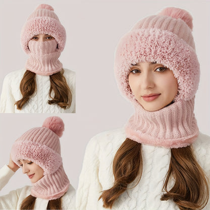 1pc Winter Warmth Acrylic Fleece-Lined Knit Beanie with Ear Flaps, Windproof Neck Gaiter Hood for Outdoor Cycling, Stretchable New Year'S Gift Hat, 100% Acrylic Woven Craftsmanship
