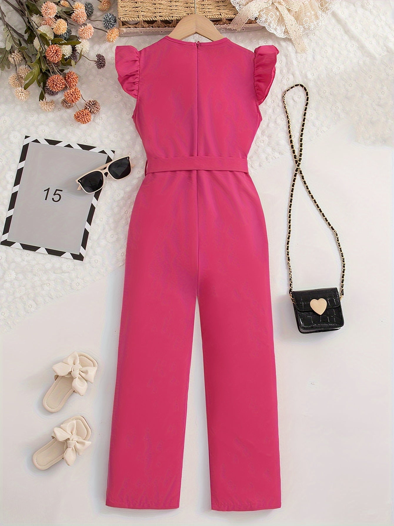 Elegant Girls Solid Belted Flutter Trim Jumpsuit Romper For Summer Party Gift Outdoor