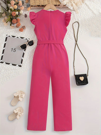 Elegant Girls Solid Belted Flutter Trim Jumpsuit Romper For Summer Party Gift Outdoor