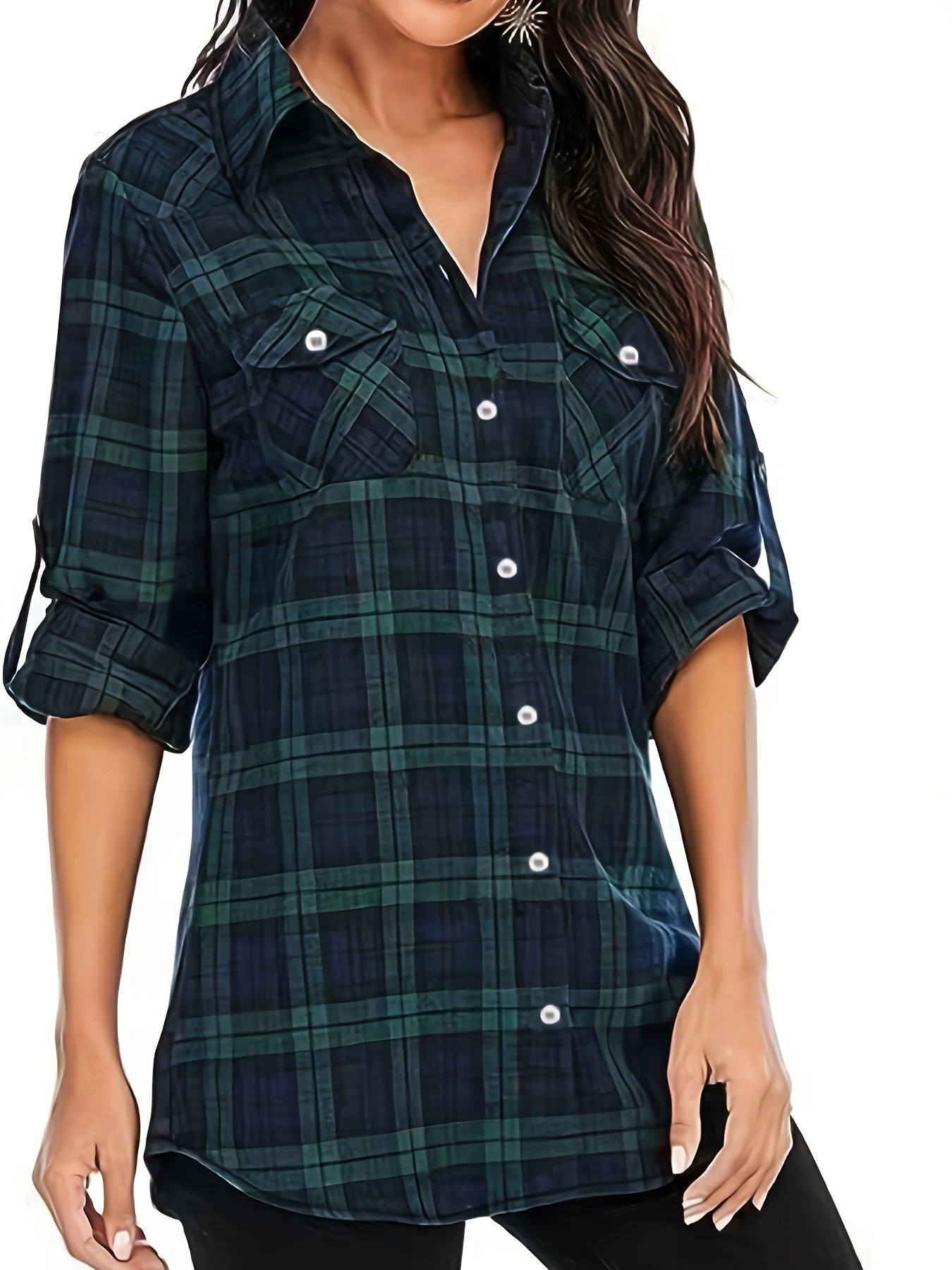 Plus Size Casual Top, Women's Plus Plaid Print Button Up Long Sleeve Turn Down Collar Blouse