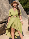Plus Size Solid Two-piece Skirt Set, V Neck Short Sleeve Top & Irregular Hem Skirts Outfits, Women's Plus Size Clothing