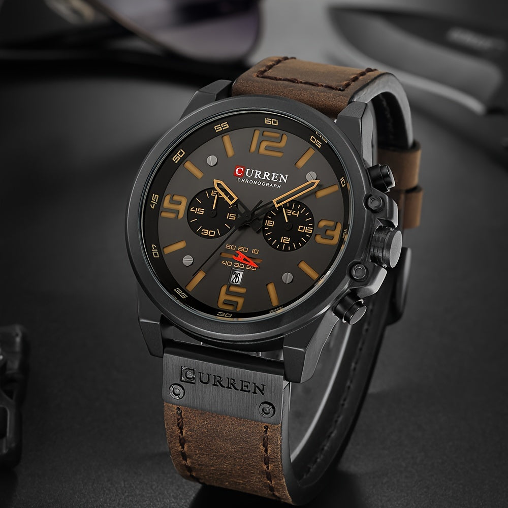 Reloj CURREN Cronógrafo para hombre, reloj de cuarzo clásico retro, reloj analógico con calendario, reloj de pulsera de cuero sintético con fecha.