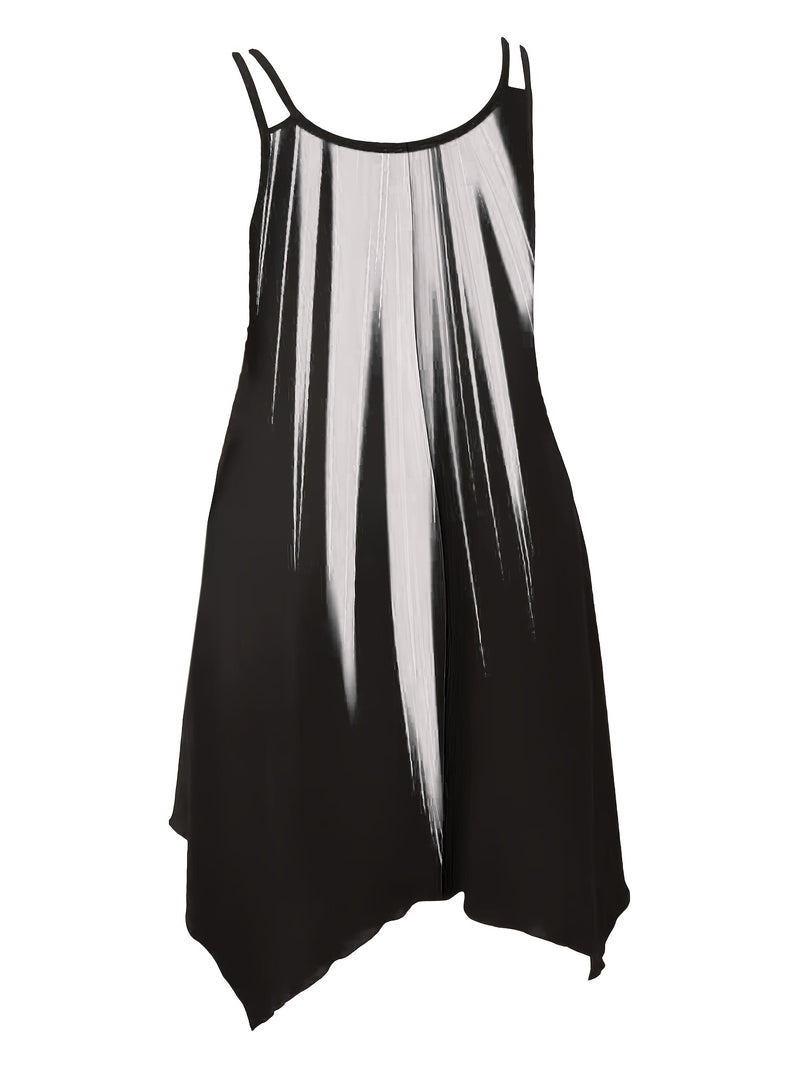 Plus Size Ombre Print Cami Dress, Vacation Style Asymmetrical Hem Sleeveless Crew Neck Dual Strap Dress For Spring & Summer, Women's Plus Size Clothing