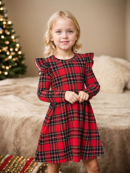 Mommy and My Girl Autumn Plaid Knit Leaf Sleeve Casual Christmas Dress, Best for Christmas