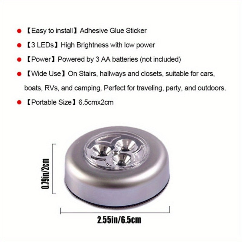 3 Round Touch LED Lamps, Adhesive Night Lights for Cabinets: Wireless, Battery-Free, Suitable for Hallways, Bathrooms, Bedrooms, Kitchens, Stairs, etc