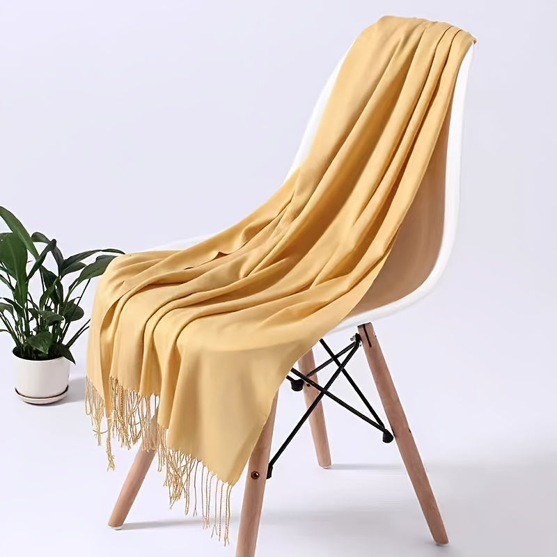 1pc Elegant and simple plain tassel long scarf with warm and versatile thin fabric, suitable for daily wear in all seasons, can also be used as a lady's air-conditioning shawl