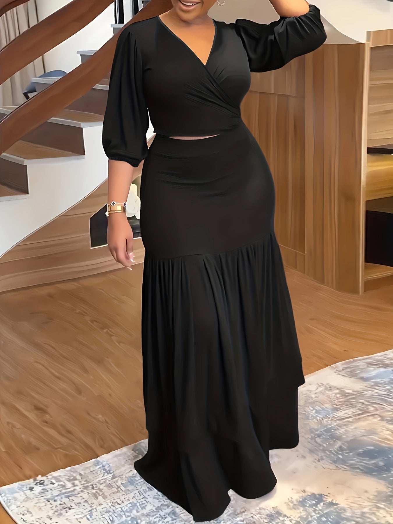 Plus Size Solid Color Casual V-Neck Long Sleeve Set