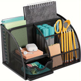 Organizador de escritorio de malla negra con 7 compartimentos: portalápices de gran capacidad, organizador de suministros de oficina, organizador de brochas de maquillaje, construcción de hierro resistente, acabado pintado.