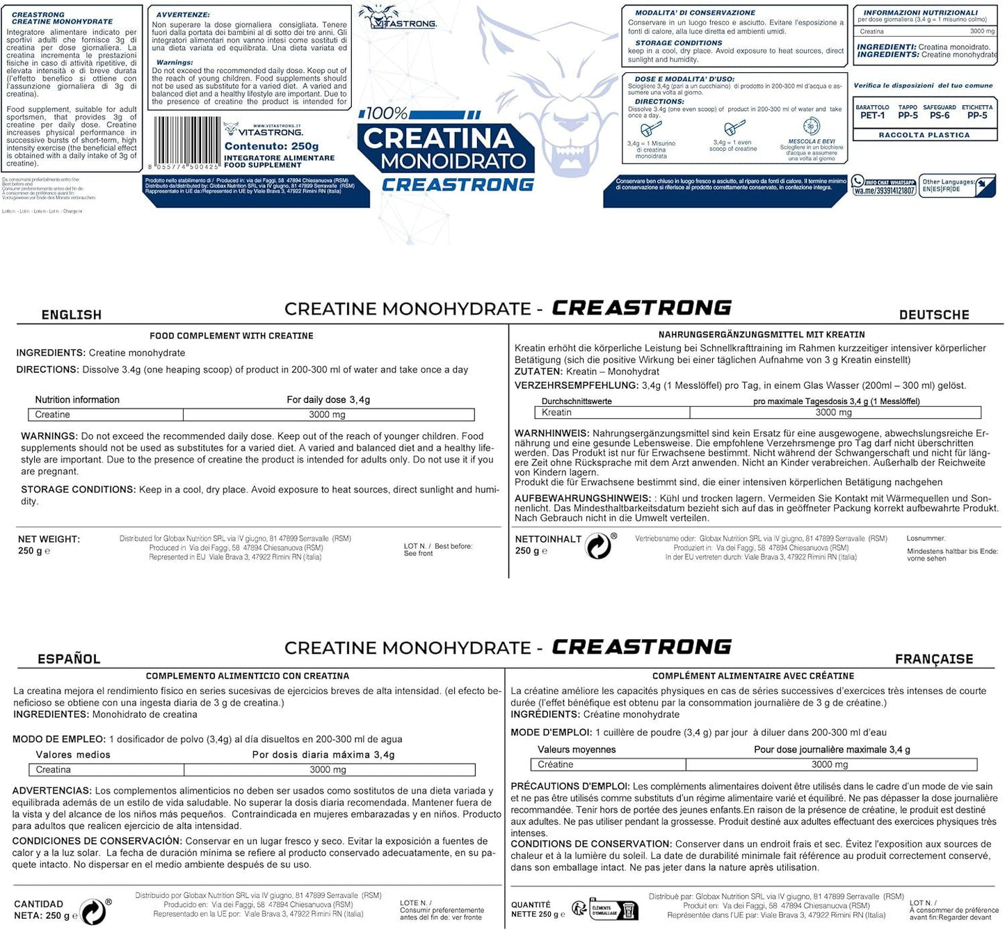 Creatine Monohydrate 3000Mg Creastrong Pure, Creatine Powder Without Additives for Pre, Intra And Post Workout, Alternative to Creatine Capsules And Tablets, Creatine Vitastrong 250G Soluble And Certified