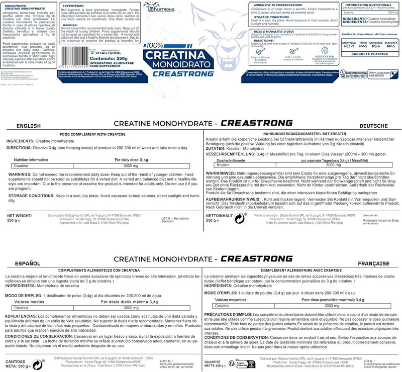 Creatine Monohydrate 3000Mg Creastrong Pure, Creatine Powder Without Additives for Pre, Intra And Post Workout, Alternative to Creatine Capsules And Tablets, Creatine Vitastrong 250G Soluble And Certified