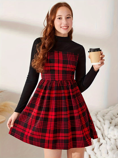 Children's Plaid Dress with Long Sleeves, Color Block Knit Fabric, Casual Fit, Polyester, Mid-Stretch, for Kids - Autumn/Winter Collection