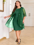 Plus Size - Elegant Plus Size Two-Piece Dress with Mesh Overlay - Navy Blue, Round Neck, Sleeveless, Flowy Design for Spring/Summer, Polyester Blend, Women'S Fashion, Plus Size Dresses