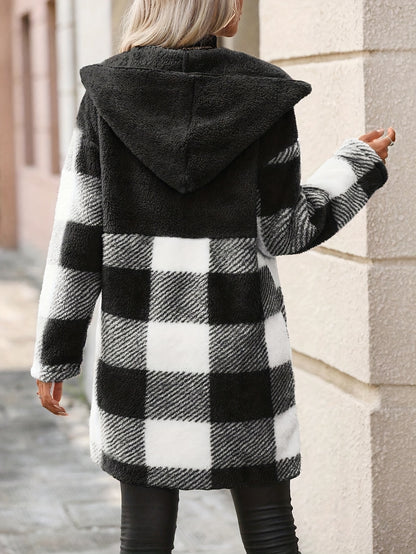 Plaid Pattern Open Front Fuzzy Coat, Elegant Long Sleeve Hooded Warm Outerwear For Fall & Winter, Women's Clothing