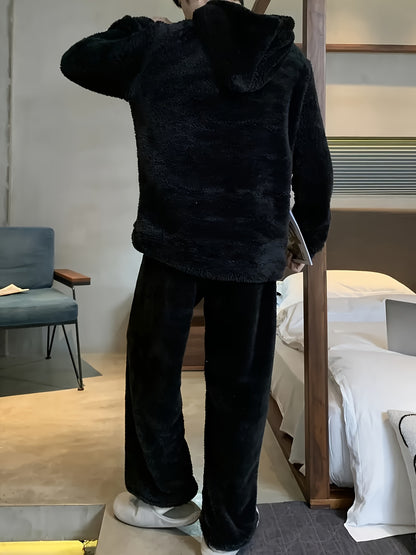 1set Men'S Casual Fleece Pajama Set - Cozy Flannel Loungewear with Hooded Long Sleeve Top and Loose Pants, Solid Color, Polyester, Knitted Fabric, with Pockets, Regular Fit for Autumn/Winter