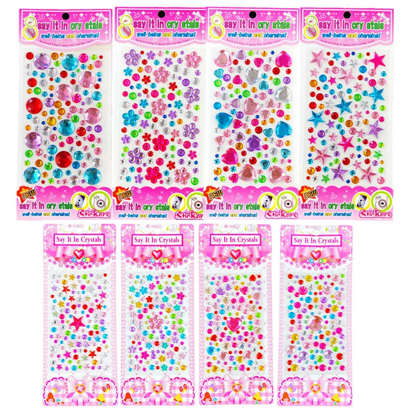 3D Gem Acrylic Crystal Stickers for Kids, DIY Decoration, Self-Adhesive Crafts, Sparkly Rhinestone, Girls Gifts, 4-8Sheets 