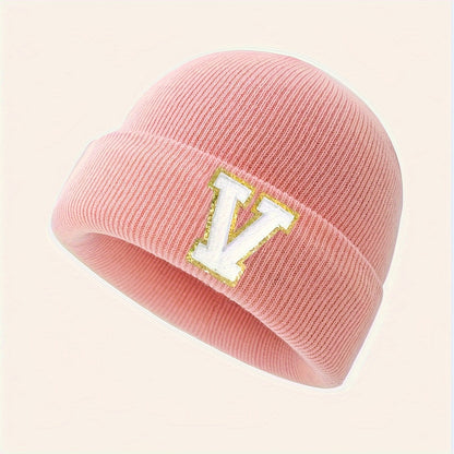1pc Children's Knitted Hat with 26 Alphabet Letters, Pink Acrylic Stretchable Cap for Toddlers, Hand Washable, Breathable, Daily & Casual Wear, Perfect for Birthday Occasion