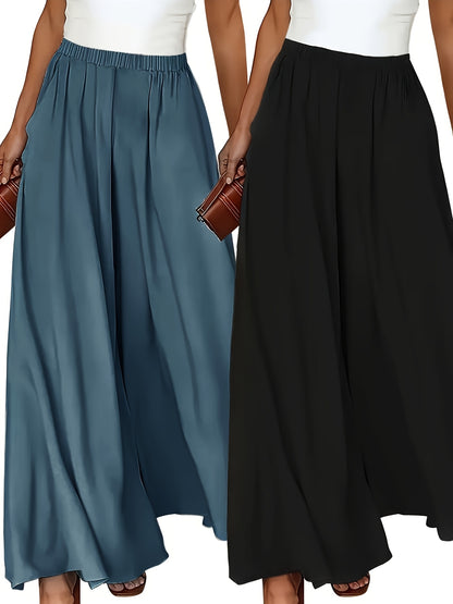 Plus Size - 2pcs Plus Size Wide-Leg Culottes - Casual High-Waist Pants with Elastic Waistband, Non-Stretch Fabric, Solid Color, Relaxed Fit for Spring/Summer/Fall, Casual Attire|Elastic Waistband Pants|Nonstretch Fabric