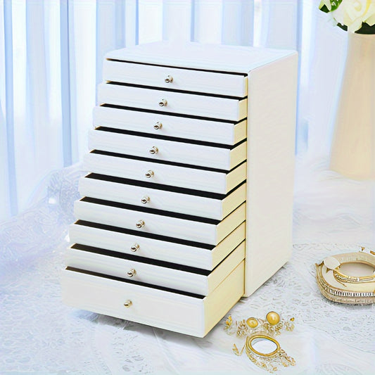 Glam Style PU Leather Jewelry Organizer Box - 10-Drawer Floor Mount Large Capacity Storage for Rings, Earrings, Necklaces, Watches - Textured Finish with Velvet Interior, Drawstring Closure - Ideal Gift for Mother's Day, Birt