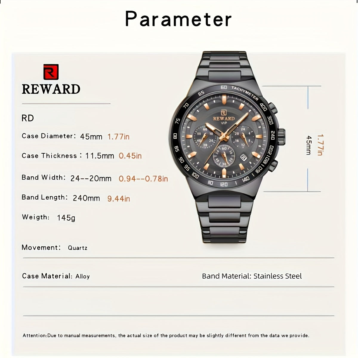 REWARD Black Quartz Watches For Men, Sport Chronograph Luminous Waterproof Wrist Watches