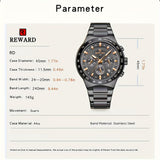 REWARD Black Quartz Watches For Men, Sport Chronograph Luminous Waterproof Wrist Watches