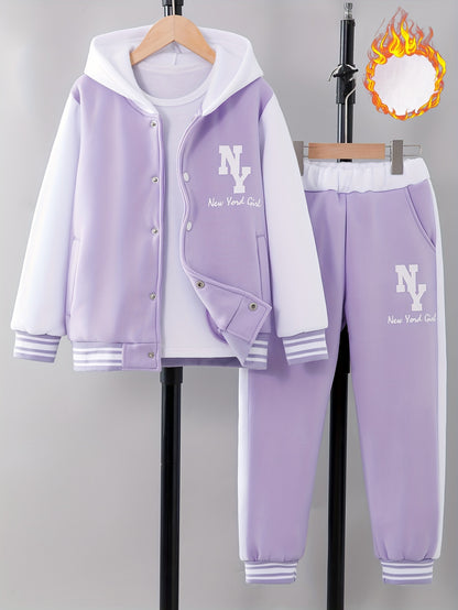 'NY' Letter Print Girl's Preppy Outfit, Color Block Hooded Varsity Jacket + Sweatpants Set Comfy Stylish 2-piece Girls Winter/ Fall Outdoor Clothes