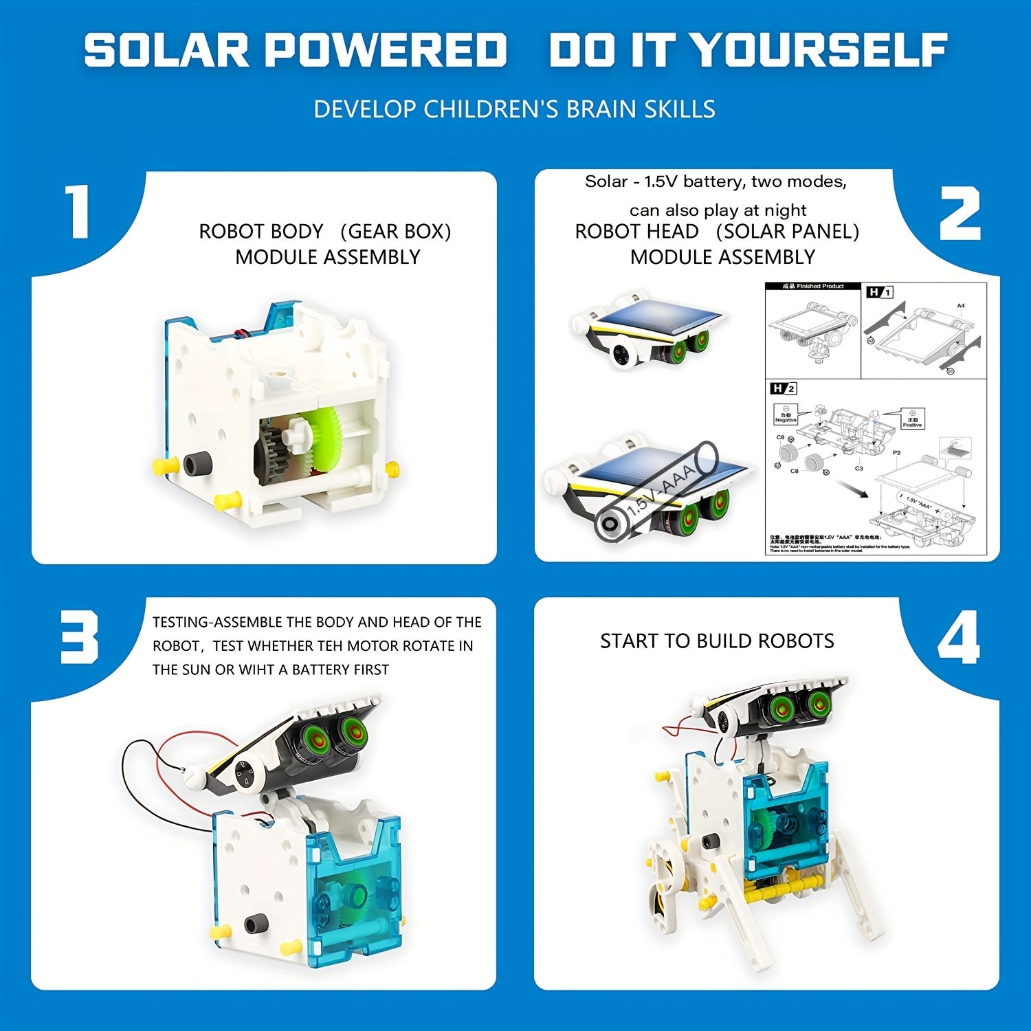 STEM 13-in-1 Solar Power Robots Creation Toy, Educational Experiment DIY Robotics Kit, Science Toy Solar + Battery Powered 2 Modes Building Robotic Set Kids To Build, Halloween, Christmas Gift