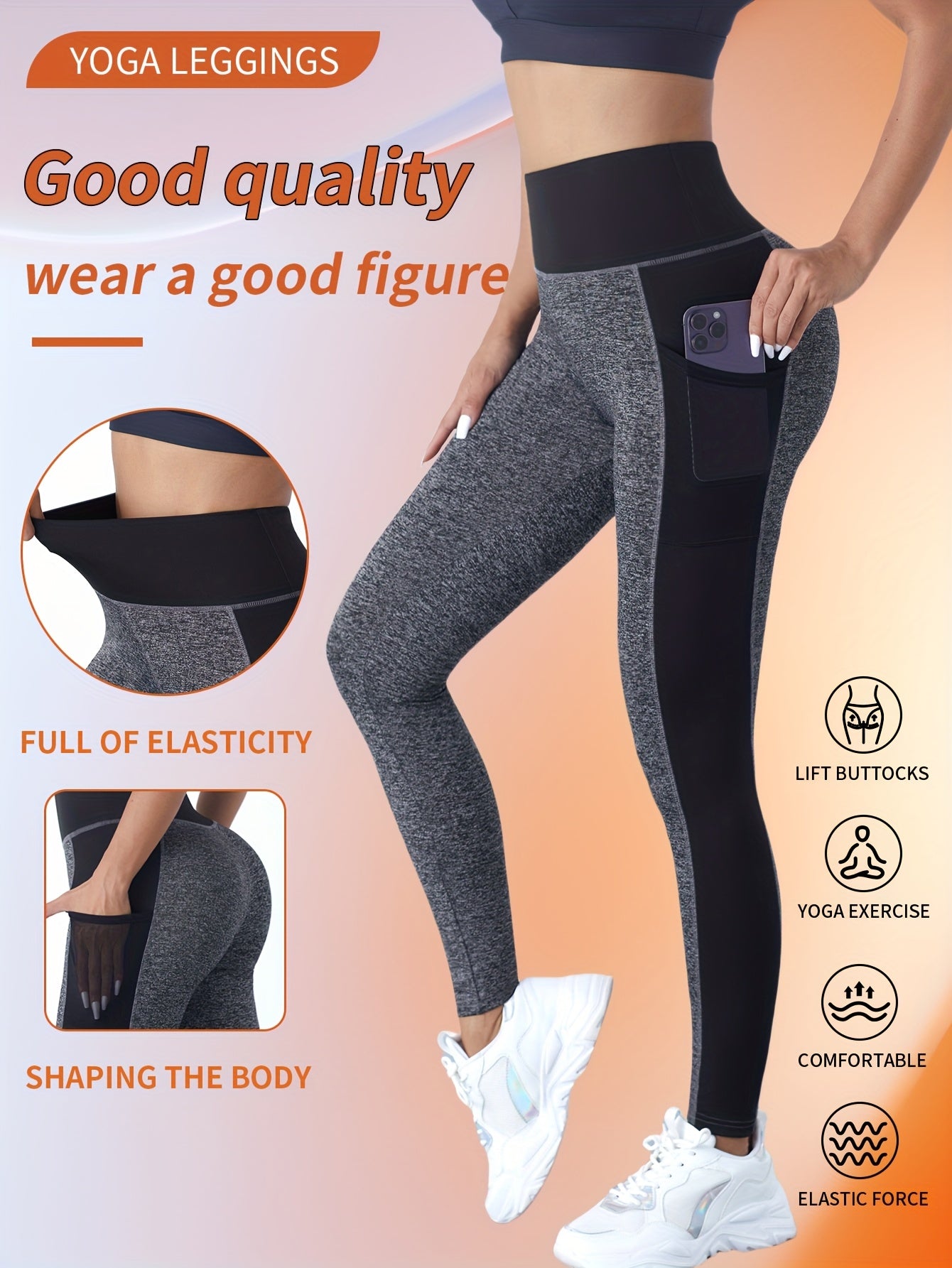 [1pc Women'S High Waist Yoga Leggings] 1pc Women'S High Waist Yoga Leggings with Contrast Color Pocket, Soft Stretchable Polyester Knit Sports Pants, Breathable Activewear for All Seasons