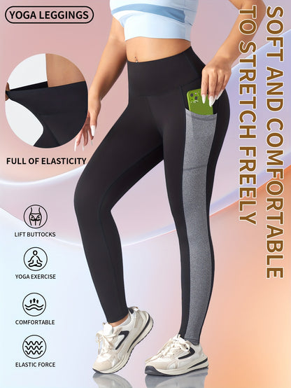 [1pc Women'S High Waist Yoga Leggings] 1pc Women'S High Waist Yoga Leggings with Contrast Color Pocket, Soft Stretchable Polyester Knit Sports Pants, Breathable Activewear for All Seasons