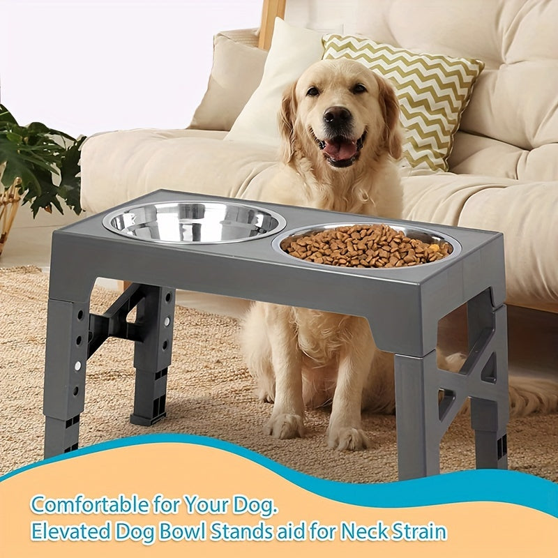 Comederos elevados ajustables para perros pequeños, medianos y grandes. Incluye dos comederos de acero inoxidable para comida y agua. Favorecen una mejor digestión y una mejor postura.