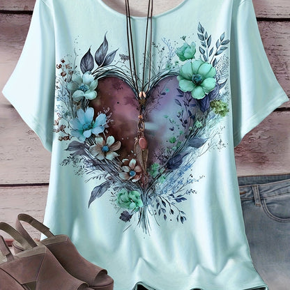 Women's Plus Size Light Blue Floral Heart All-Over Print T-Shirt - Stretchy Casual Round Neck Short Sleeve Top, Machine Washable for Casual Attire, Versatile Wardrobe Staple, Stylish Graphic Tee, Comfortable Fit, Printed Blou