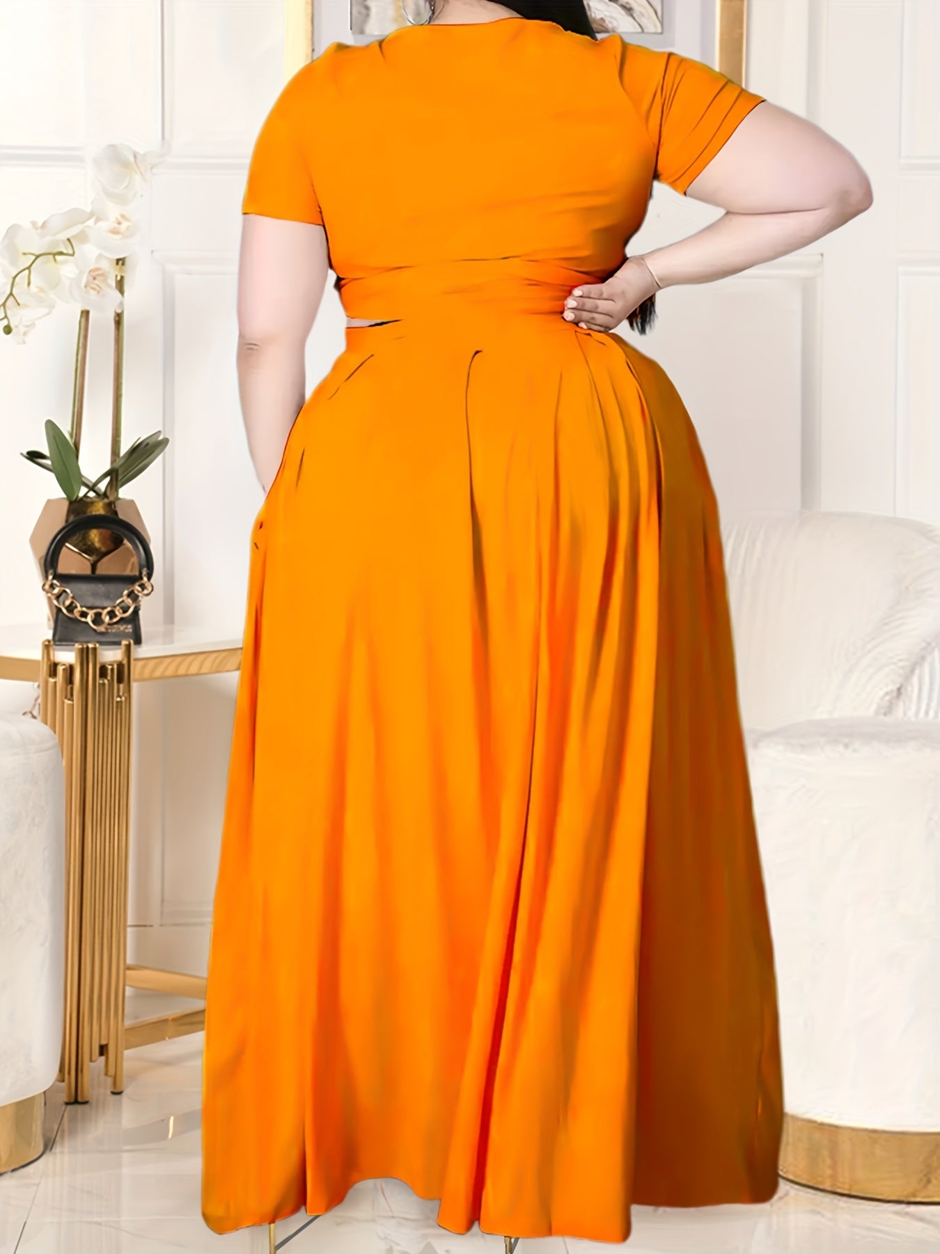 Plus Size Women's Solid Color Cross Tie Maxi Skirt Set, Casual Polyester Knit Dress with Short Sleeves, Round Neck, Pullover, Elastic Fabric, Fashionable Two-Piece Outfit