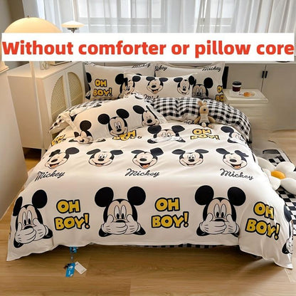 4pcs/set Mickey Mouse Cartoon Bedding Set Including 2 Pillowcases, 1 Duvet Cover, 1 Sheet, Kawaii Comfortable Durable Bedding for Bedroom & Dorm, Room Decor, House Supplies, Birthday Valentine Halloween Christmas Thanksgiving