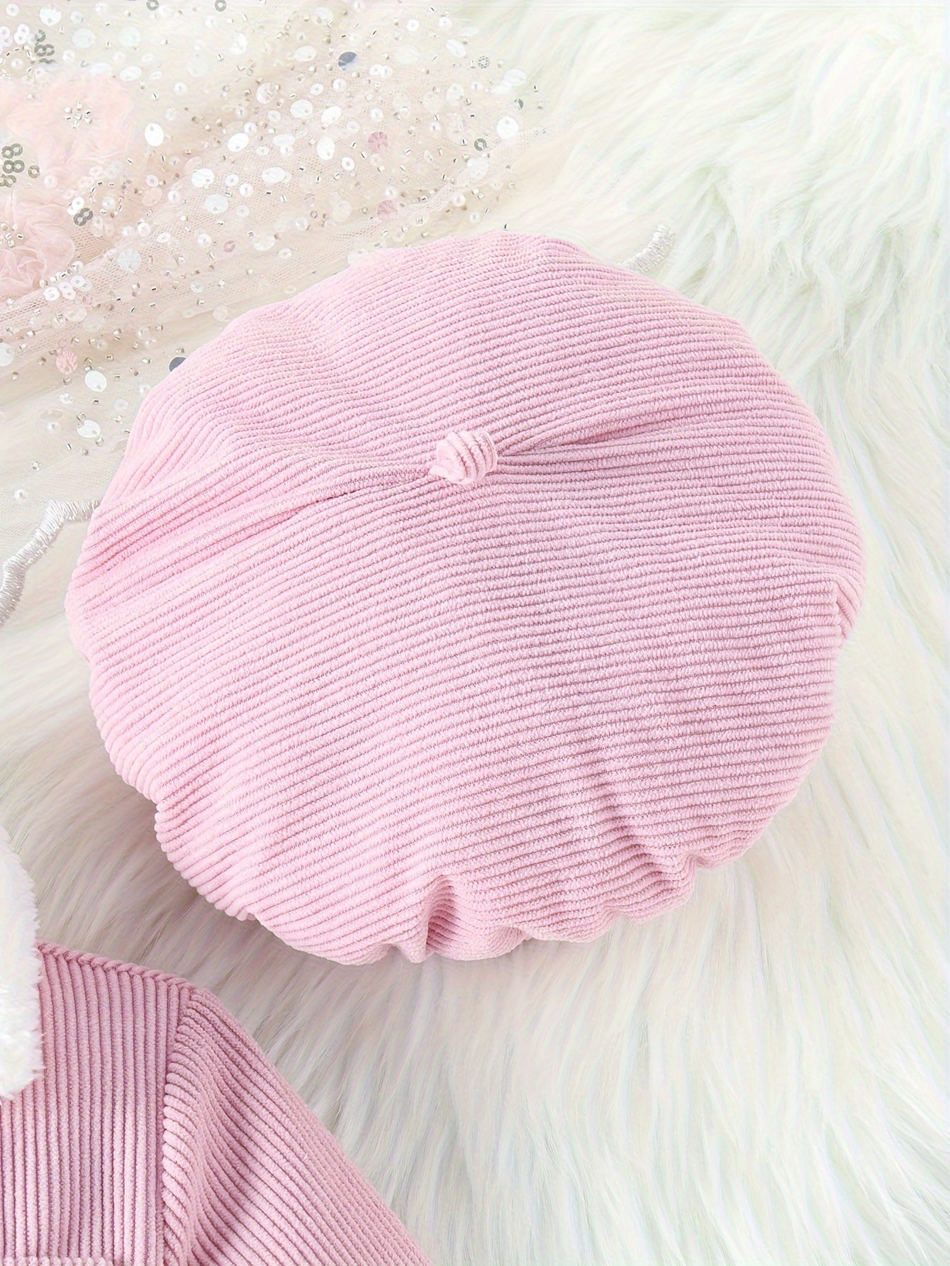 Baby's Elegant Fuzzy Collar Corduroy Long Sleeve Dress + Hat + Belt, Infant &amp; Toddler Girl's Dress For Daily Wear/Holiday/Party, As Gift