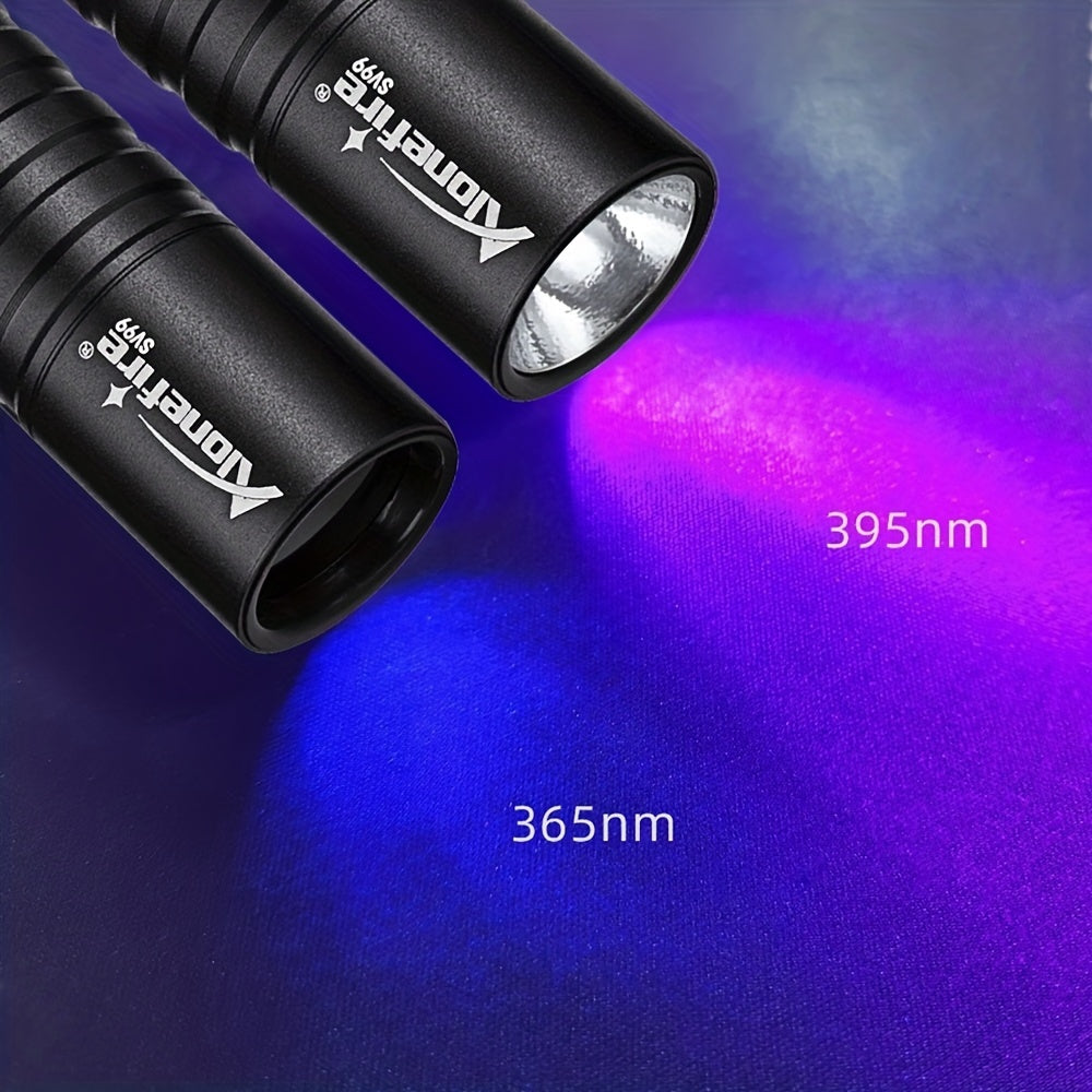 Mini linterna LED UV AloneFire: luz negra dual de 365 nm/395 nm, recargable por USB, linterna de bolsillo de alto brillo para tinta invisible, esmalte de uñas, manchas de mascotas y más.