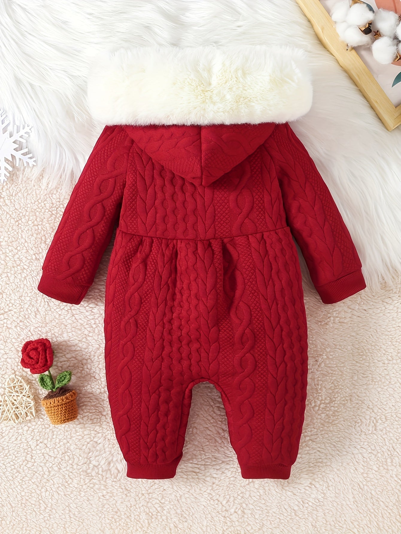 Baby's Adorable Bow Decor Jacquard Casual Fuzzy Hooded Long Sleeve Romper, Toddler &amp; Infant Girl's Bodysuit For Fall Winter Outdoor Wear