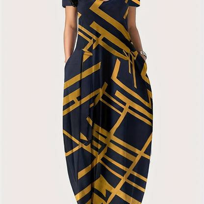 [1pc Plus Size Geometric Print Maxi Dress] 1pc Plus Size Geometric Print Maxi Dress, Stretchy Polyester Knit, Round Neck, Short Sleeve, Casual Loose Fit with Pockets, All-Season Versatile Style