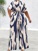 Plus Size, Women's Plus Size Batwing Sleeve Belted Print Jumpsuit