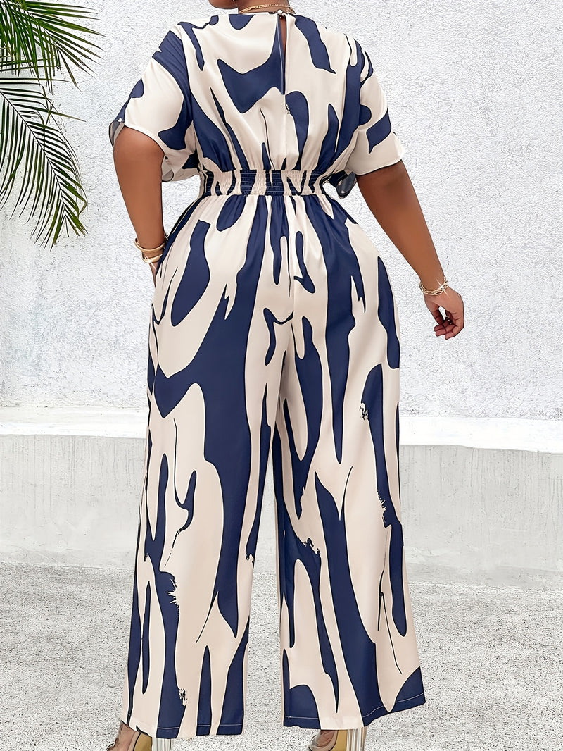 Plus Size, Women's Plus Size Batwing Sleeve Belted Print Jumpsuit