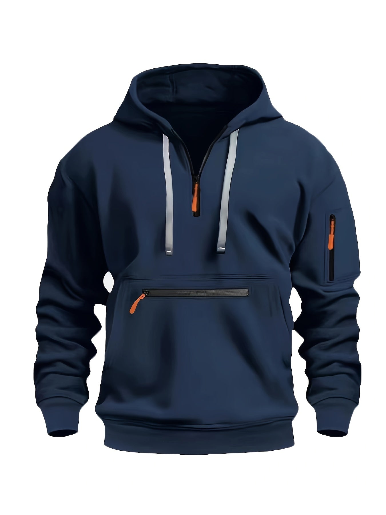 Solid Hooded Half Zip Long Sleeve Sweatshirt With Zippered Pocket For Men, Casual Hoodie For Winter And Fall