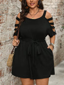 Plus Size Women's Elegant Off-Shoulder Jumpsuit - Stretchy Solid Black Romper with Round Neck, Short Sleeves & Waist Tie, Machine Washable Spring/Summer Casual to Dressy Outfit, Ladies Rompers And Jumpsuits, Seasonal Fashion,