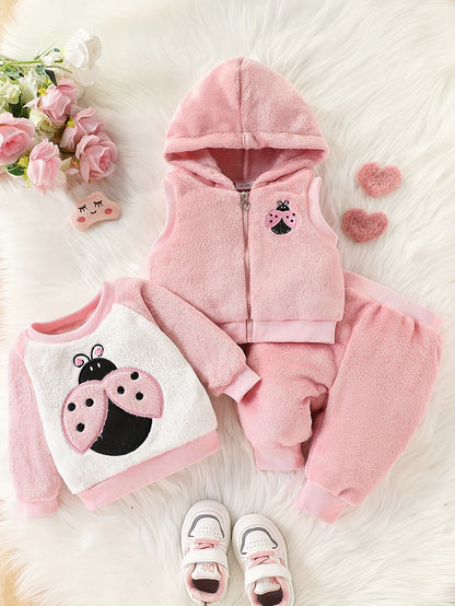 Adorable Ladybug Embroidered Flannel Hoodie & Long Sleeve Top Set for Youngsters Girls - Cozy Fall/Winter Outfit, Machine Washable, Perfect for Outdoor