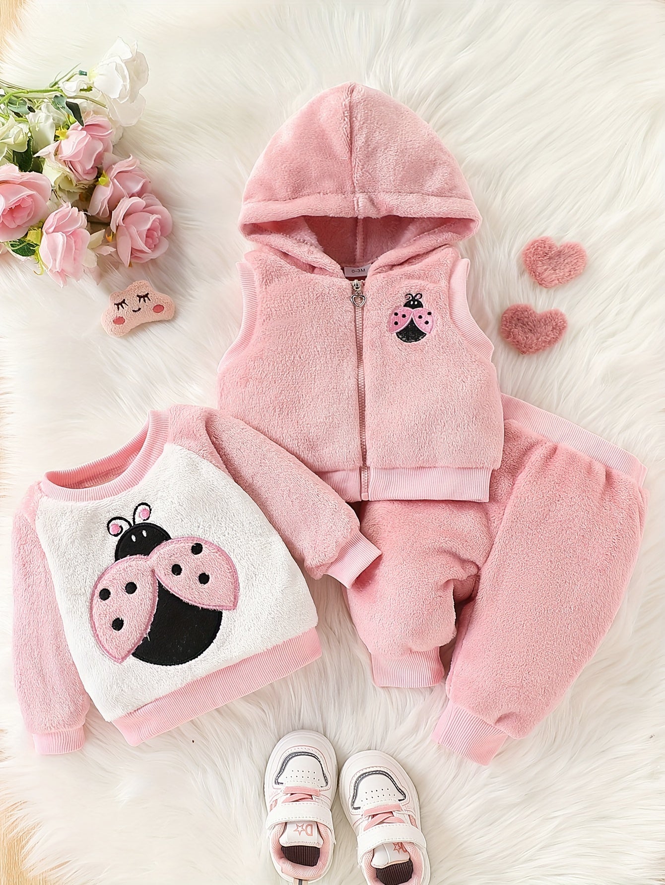 Adorable Ladybug Embroidered Flannel Hoodie &amp; Long Sleeve Top Set for Youngsters Girls - Cozy Fall/Winter Outfit, Machine Washable, Perfect for Outdoor