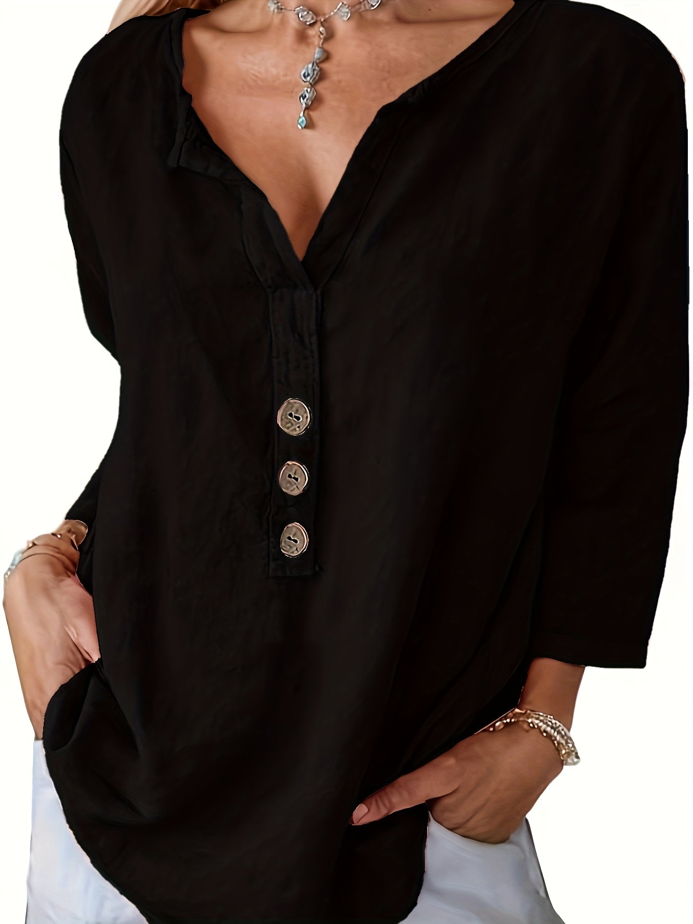 V-Neck Button-Up Top - Loose Fit Solid Color Pullover, Fashionable Casual V-Neck Shirt for Women, Relaxed Fit, Non-Stretch Cotton Linen Blouse