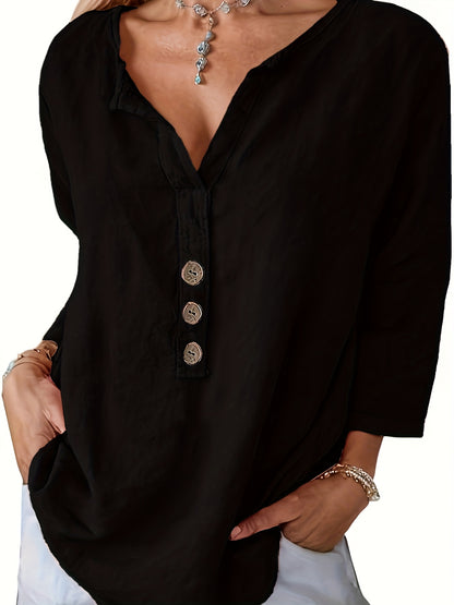 V-Neck Button-Up Top - Loose Fit Solid Color Pullover, Fashionable Casual V-Neck Shirt for Women, Relaxed Fit, Non-Stretch Cotton Linen Blouse